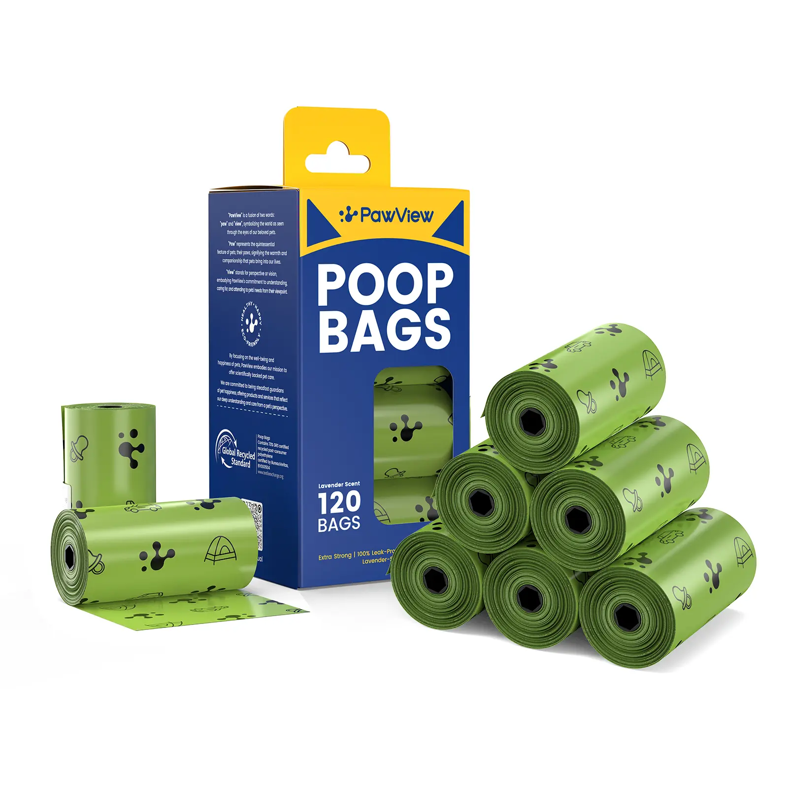 PawView Dog Poop Bags Rolls, Leak-Proof & Eco-Friendly 70% Recycled Material, Lavender Scent (120 Bags)