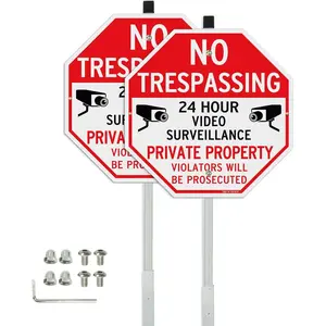 Large No Trespassing Private Property Sign Video  Sign with 36" Stake for Outside - 2 Pack - 12"x12" .040 Rust Free Heavy , Reflective, , Weatherproof and Fade