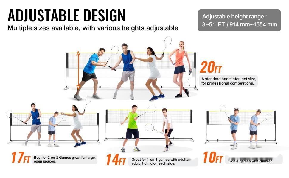 Height Adjustable 20ft Wide Portable Sports Net Set For Badminton, Volleyball, Pickleball And Tennis — Foldable Net With Poles, Stand, Carry Bag, Rackets, Nylon Shuttlecocks, Suitable For Backyard, Indoor And Outdoor Use