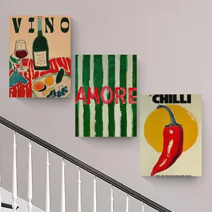 Vintage Wine & Chili Pattern Unframed Painting, 3 Counts/set Modern Simple Wall Art Poster, Wall Art Decor for Home Living Room Bedroom Kitchen, Ornaments
