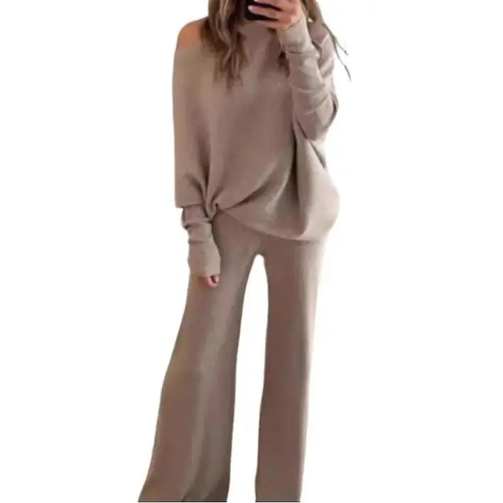 Simple Style Two-Piece Knitted Sweater Set - Black Off-Shoulder Top & Wide-Leg Pants for Women Comfortable & Stylish