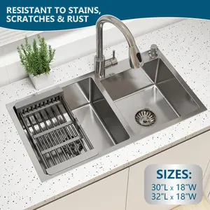 Silver Kitchen Sink Stainless Steel 30"/32" Double Bowl Drop In Top Mount with Pull-out Faucet Retractable Drain Basket