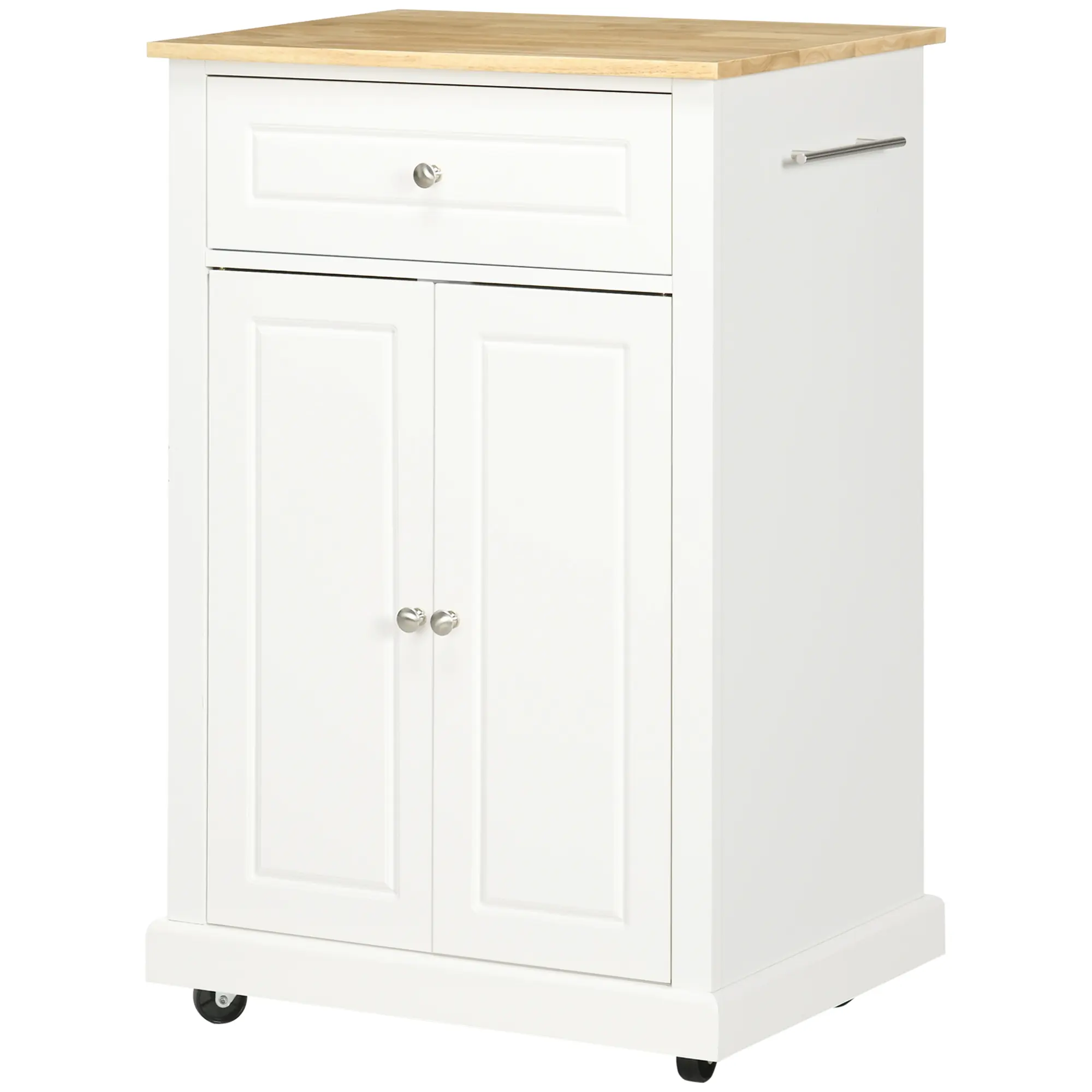 Cream White Rolling Kitchen Island Cart - Portable Home Storage Utility Trolley Table with Drawer, Adjustable Shelf, and 2 Towel Racks