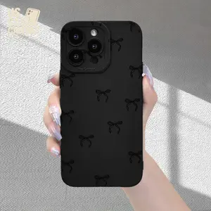 A Matte Black Bow Phone Case Compatible with Apple Iphone 16, 15, 14, 13, 12, 11, XS,  X, 8, 7, Mini, Plus, Pro Max, And SE Series, . cute bow pattern phone case  Protection Screen Protector Cover