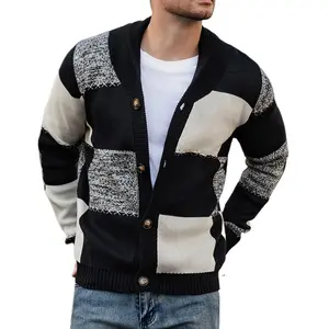 HYPESTFIT Men's Casual Color-Block Cardigan Sweater - Black, White, Gray Plaid Button-Up Cardigan with Lapel Collar, Long Sleeve, Regular Fit for Fall/Winter, Casual Attire & Weekend Outings, Cardigan Sweater, Winter Layering, Classic Knitwear