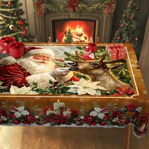 BLIOWL Enchanting Christmas Tablecloth Designed With Santa Claus, Reindeer, And Poinsettia Patterns, Made Of 100% Polyester, Waterproof, Stain Resistant, And Wrinkle Resistant, Suitable For 2025 Christmas Decorations, Indoor Dining Tables, And Home Decor