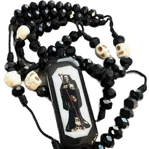 Santa Muerte Rosary Handmade Necklace with Crystal 8mm Beads, Wood Pendant, and Durable Nylon Thread for Casual Wear