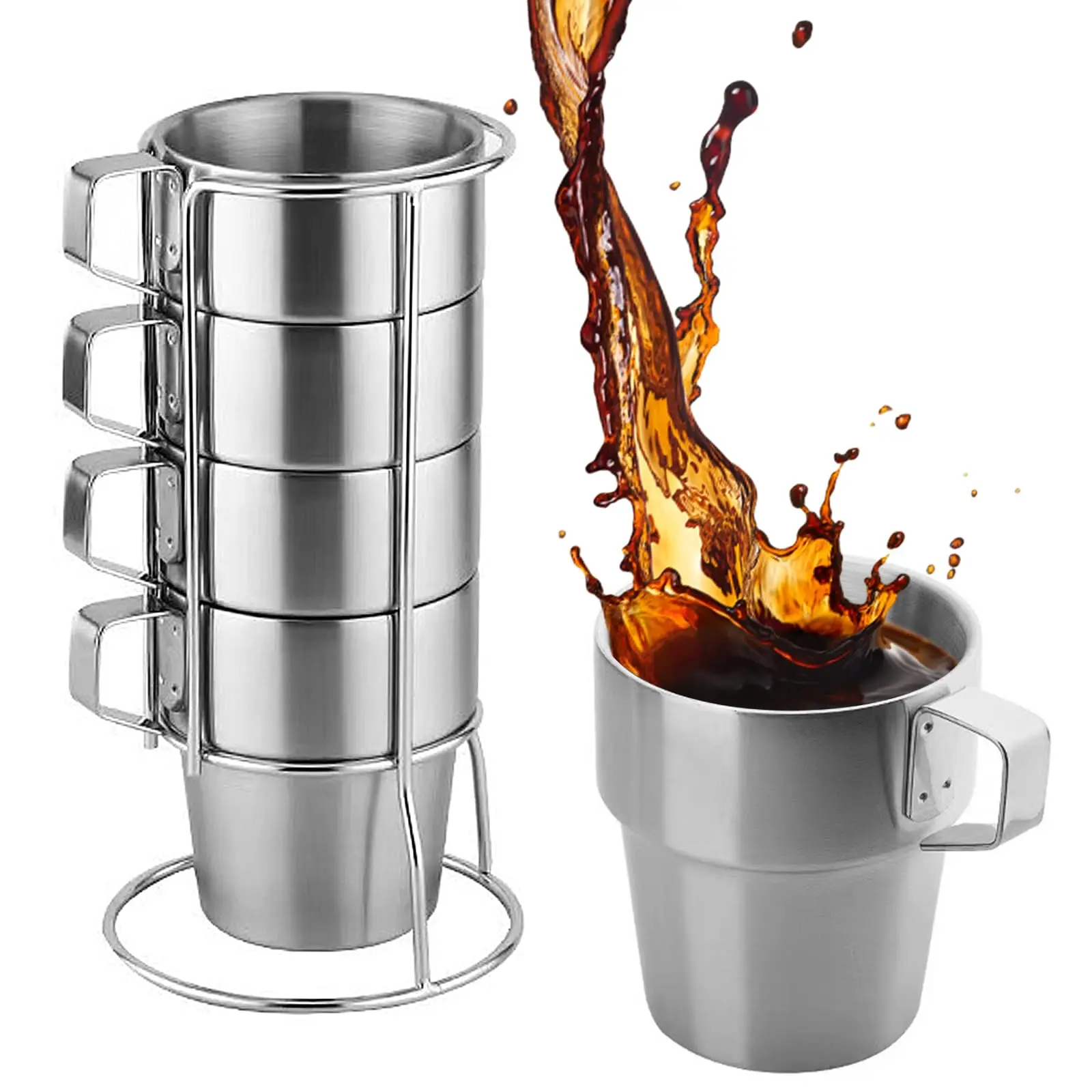 4pcs 10oz Stainless Steel Mug Set With Handle  Stackable Camping Coffee Mugs Insulated 300ml Double Wall Cups Rack Cappuccino/latte Latte Cup (silver)