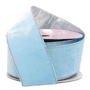 2 1/2" X 10 Yards Light Blue/Silver Thin Velvet Wired Ribbon
