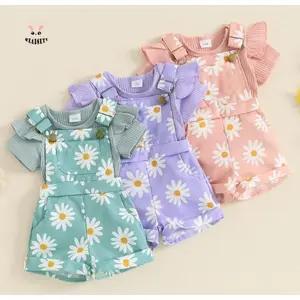Kids'  Girls Shorts Set, Short Sleeve Romper with Flower Print Suspender Shorts Summer Outfit