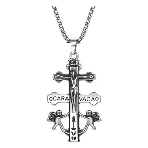 OIDEA Cruz de Caravaca Cross Necklace for Men, Stainless Steel Religious Design Double Cross Crucifix Statement Necklace, Catholic Christian Faith Gift, Double Cross Necklace