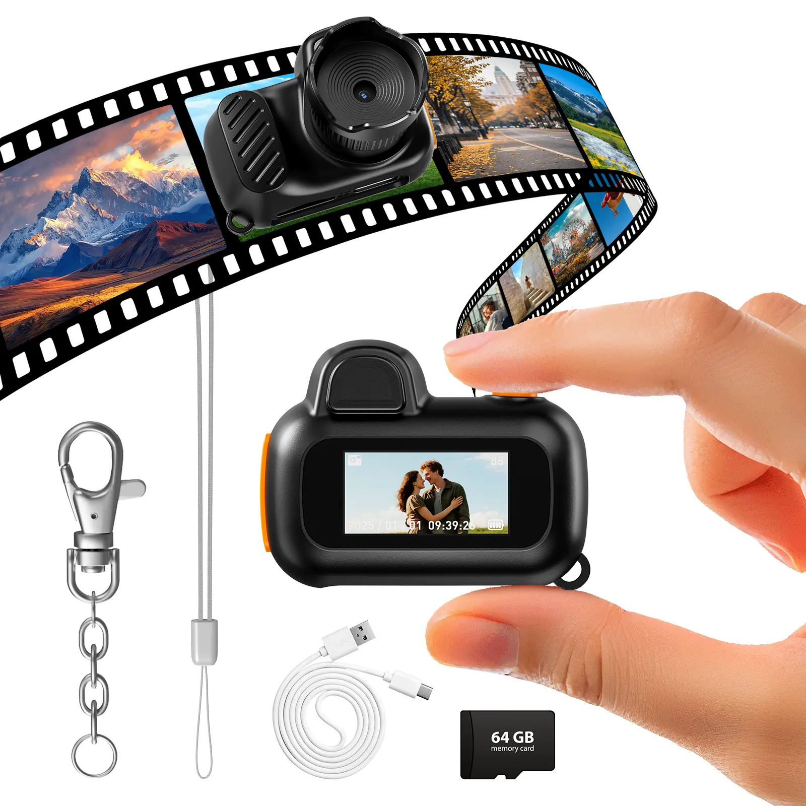 [DealsForYouDays]Mini Keychain Digital Camera with 64GB Card 1080P HD 8MP Lens Video Recorder Flash & 0.96" LCD Screen Portable Handycam for Travel Concerts Instant Party Kids Perfect Gift