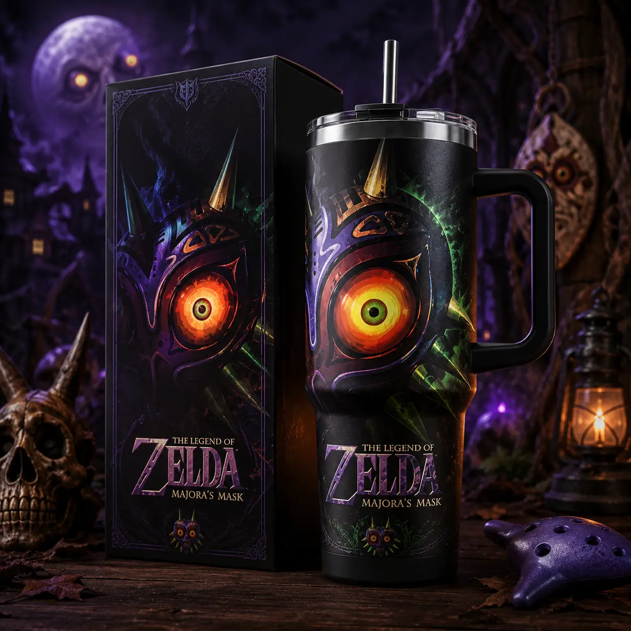 OceanSip4U The Legend of Zelda Majora’s Mask 40oz Tumbler with Handle & Straw, Majora Mask Stainless Steel Vacuum Insulated Travel Mug, Zelda Gaming Cup, Gift for Fans