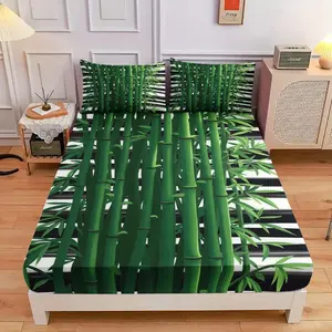 3-Piece Comfortable Bamboo Forest Green Striped Background Bed Hat Set, High-Definition Digital Printing, Soft And Breathable, 100% Polyester Fiber Perfect Gift, Suitable For All Seasons, Perfect For Family And Friends Clearance Sale