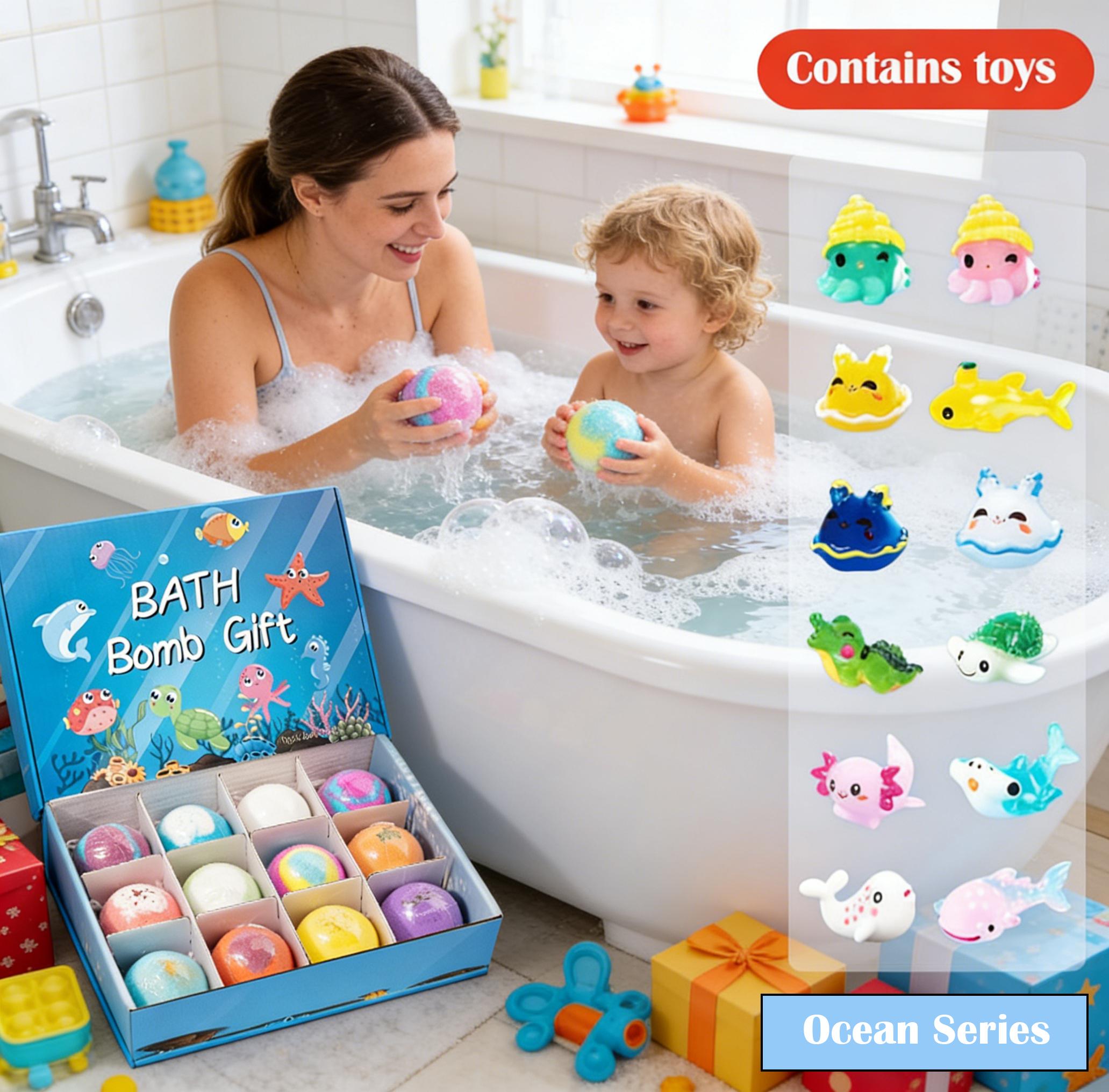 12 Pcs Kids Bath Bomb Gift Set with Surprise Toys Inside | Easter Basket Stuffers for Boys & Girls | Colorful Fizzy Bubble Bath Bombs for Skin Nourishing & Gentle Care | Safe Bath Bombs for Kids Bath Time Fun