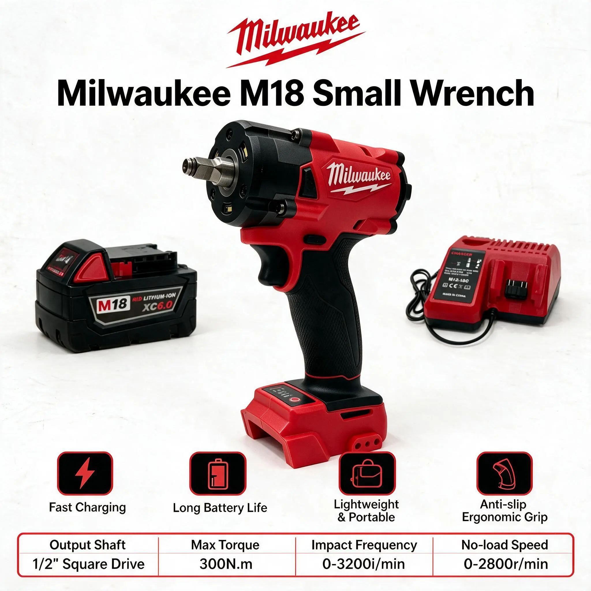 Milwaukee M18 1/2-Inch Brushless Compact Impact Wrench Combo With XC6.0 HIGH OUTPUT Battery And Charger For Automotive Repair And Equipment Maintenance cordless power tool set