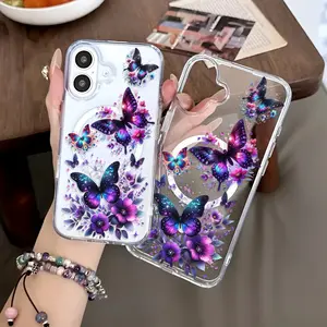 Purple Butterfly Pattern Design iPhone 16 15 14 13 12 11 Pro Max Pro Plus Transparent Anti-drop Magnetic Wireless Charging Acrylic Phone Case, Gift for Family, Friends, and Loved Ones