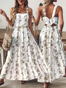 Women Blue & White Print Waist Design Casual Vacation Daily Office Wear Sleeveless Dress