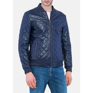 Mens Blue Quilted Leather Bomber Jacket