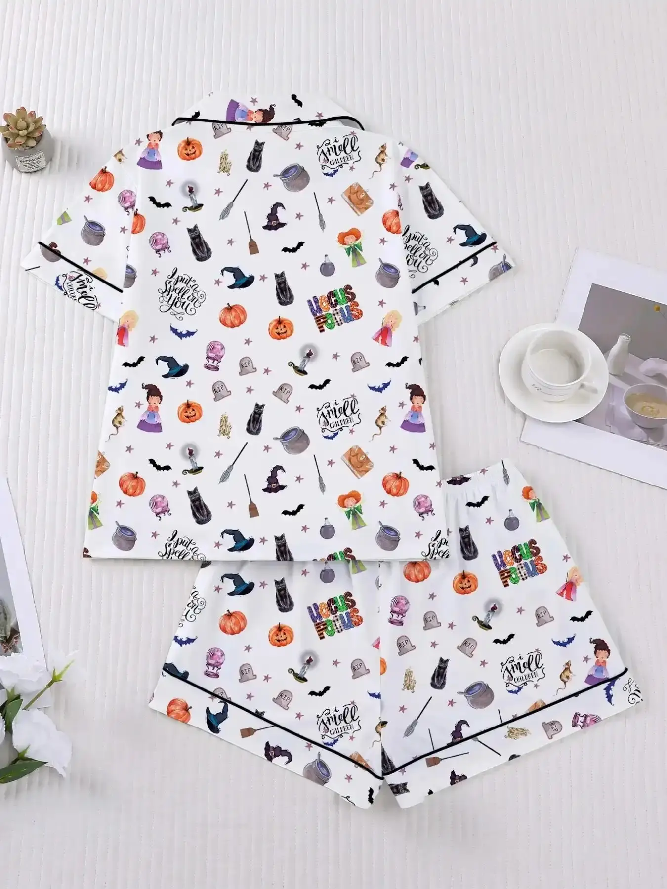Halloween Cartoon Ghost Pumpkin Pajama Set for Women, Short Sleeve Button Front Top and Elastic Shorts, Comfortable Home Wear Loungewear summer shorts date night smart casual casual bottoms