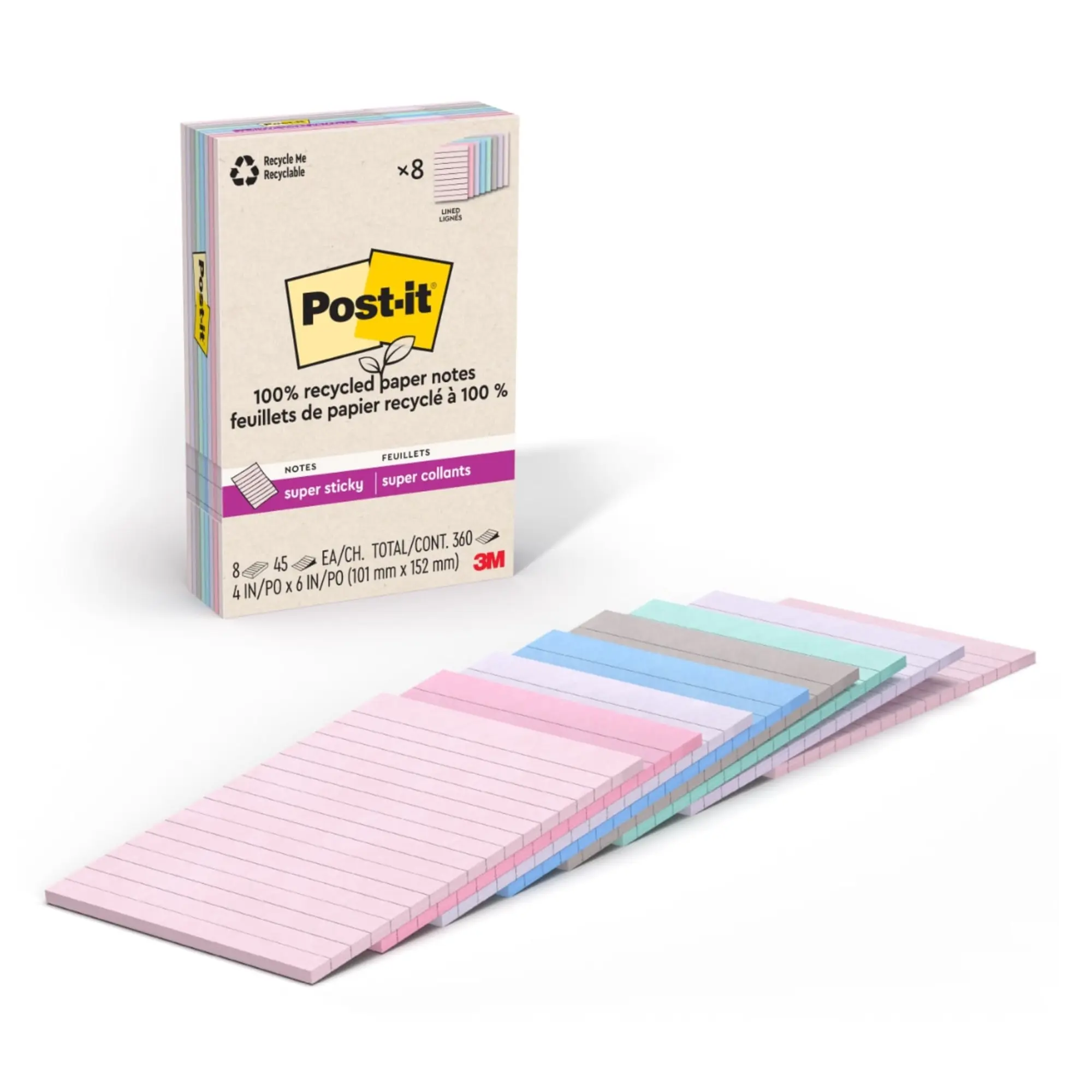 Post-it® Super Sticky 100% Recycled Paper Notes, 4 x 6 in, 8 Lined Sticky Note Pads, 45 Sheets/Pad, School Supplies and