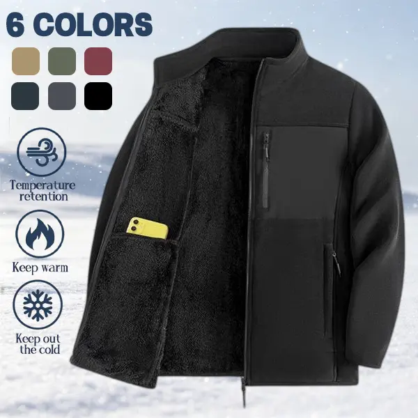 Men’s Casual Colorblock Polyester Pull-On Winter Fleece-Lined Warm Coat - Menswear Tops, Stand Collar, Inner Chest Pocket, Zippered Pockets, Ideal for Cold Weather