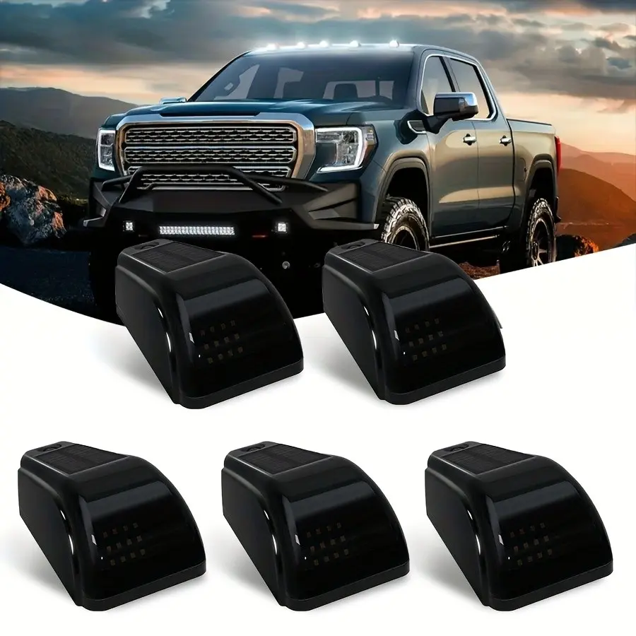 Solar Powered Truck Cab Lights, No Drill Black Cab Lights, Vibration Sensor Truck Cab Overhead Lights (5pcs White Lights) Light Sensor Switch Auto Accessory Work Light Kit, Car Decor