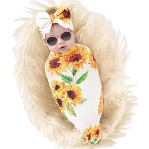 KF5-HB017  Newborn Sunflower Receiving Blanket Headband Set Baby Flower Rose Swaddle with Big Bow