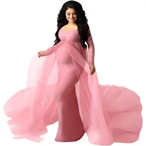 Women'sLongSleeveOffShoulderMaternityMaxiPhotographyDressTulleWeddingMermaidGownforBabyShowerWomenswearComfortPhotoshoot
