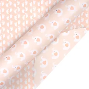 Reversible Baby Shower Wrapping Paper Roll, Elephant and Footprints, Ideal for Baby Shower, Girl's First Birthday, Newborn Party, Mini Roll, 43.2cm X 1000cm