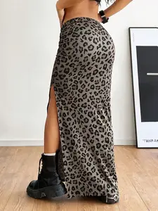 High-Waisted Leopard Print Drawstring Split Hem Skirt, Slimming Bodycon Long Dress, Vintage Leopard High Waist Split Hem Skirt, Womenswear Fit