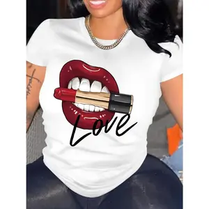 2026 Spring Summer Vacation Style Lip Graphic Print Women Men Short Sleeve T Shirt Unisex Casual Top Tees