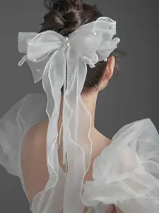 Sweet Pearl Bow Bridal Veil, Ethereal Hair Clip, Wedding Veils for Brides, Perfect for Wedding Photoshoots, Gowns, Makeup, and Styling, Elegant Accessory