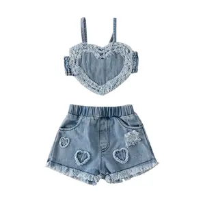 Infant Toddler Baby Girl Two Pieces Denim Outfits Sleeveless Heart Camisole Tops Ripped Elastic Waist Shorts Summer Clothes #Springtok