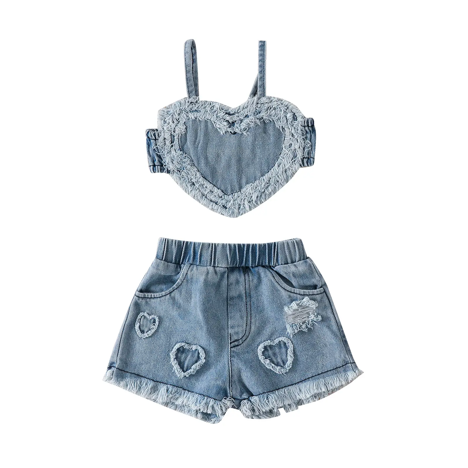 Infant Toddler Baby Girl Two Pieces Denim Outfits Sleeveless Heart Camisole Tops Ripped Elastic Waist Shorts Summer Clothes #Springtok