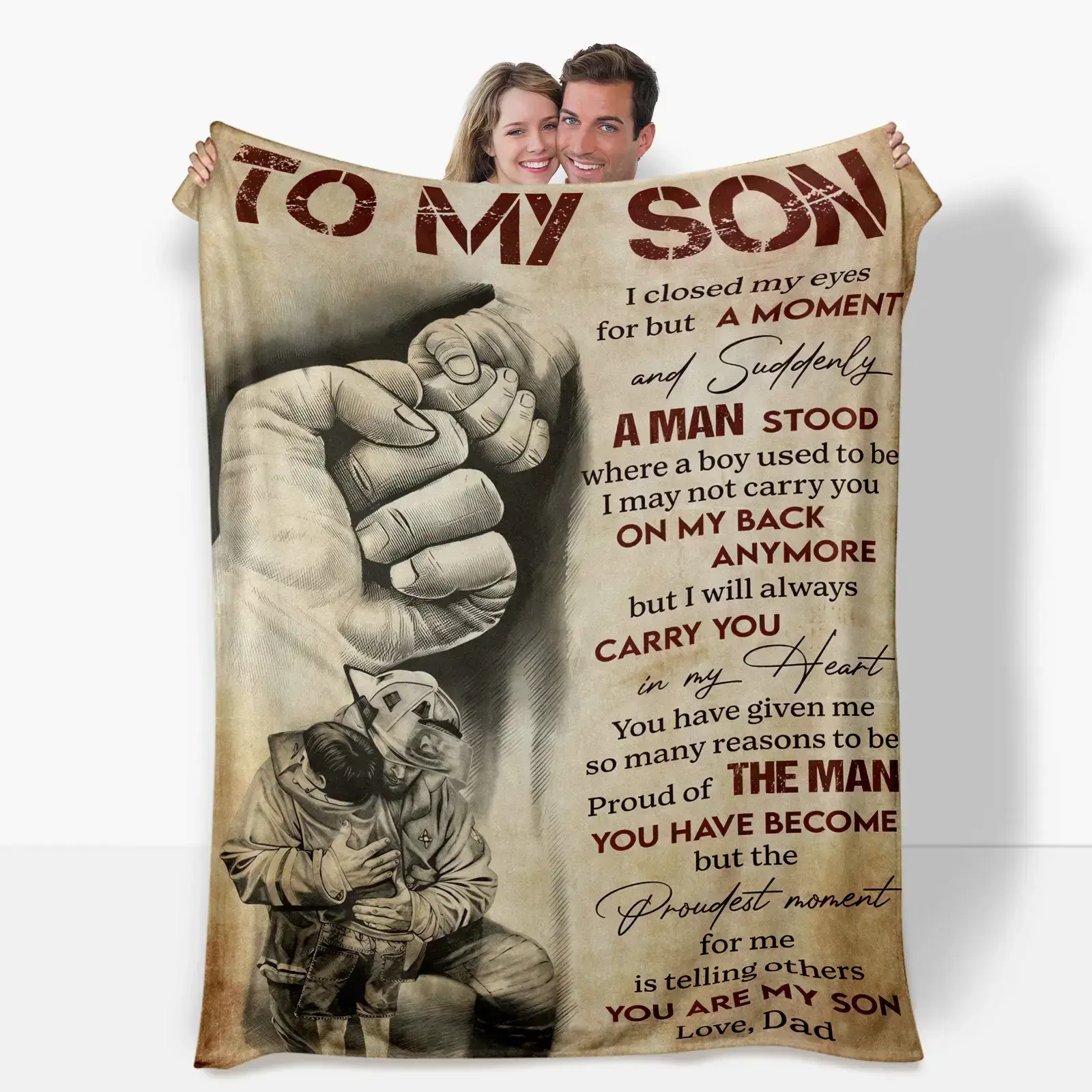 "TO MY SON" Super Soft Flannel Throw Blanket - Dad's Heartfelt Message, Firefighter Art Print, Warm Bedroom Family Blanket for All Seasons Naps, Warm Bedroom Blanket, Decorative Blanket