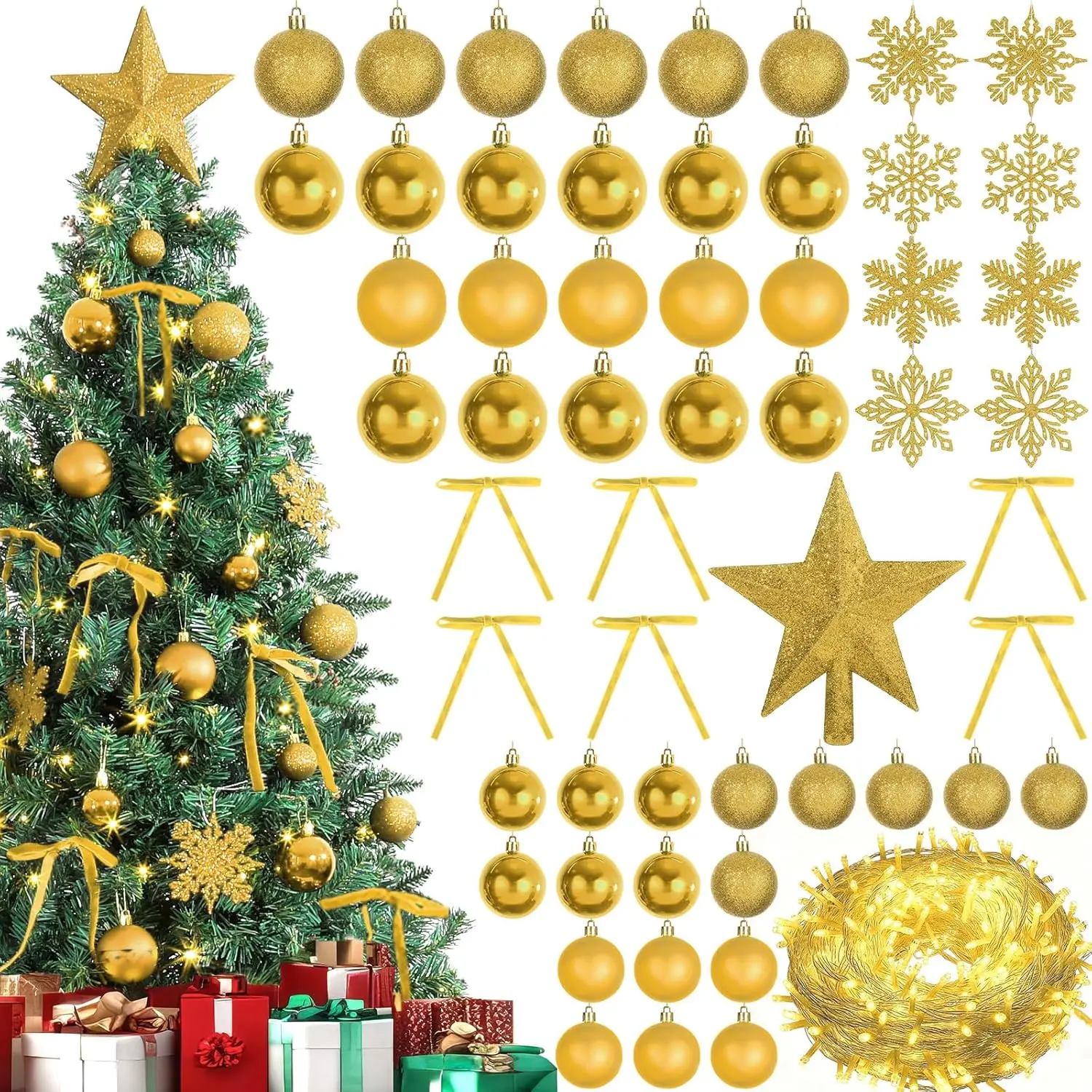 86PCS Gold Christmas Tree Decorations Hanging Ornaments Set, Shatterproof Plastic Christmas Star Tree Topper Xmas Snowflakes Balls Bows with 65.5ft LED String Lights for Xmas Holiday Tree Decorations