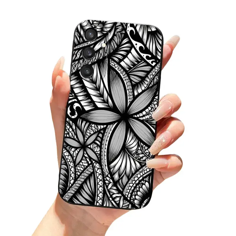 Black White Tribal Tropical Leaf Polynesian Tattoo Pattern Anti-Scratch Shockproof Protective Soft Phone Case, For Samsung Galaxy S26 Plus/S26 Ultra/S25 Plus/S25 Ultra/S24 Plus/S24 Ultra/S23 Plus/S23 Ultra, Excellent Gift Choice