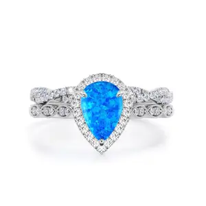 VOWSERING Luxury Wedding Ring Set for Women 1CT Pear Opal CZ 925 Sterling Silver White Gold Plated Engagement Ring