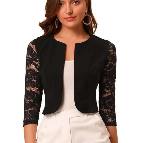INSPIRE CHIC Women's 3/4 Sleeve Floral Lace Shrug Top Open Front Work Office Bolero Cardigan