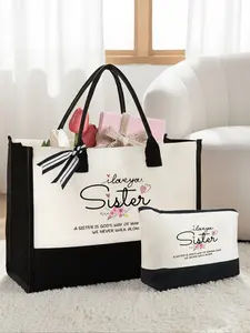 Tote Bag Set With Letter "Sister" Special Bag, Cartoon Flowers, Heart-Shaped Printed Design, Casual Tote Bag, Women's Multifunctional Tote Bag, Aesthetic Handbag And Matching Makeup Bag, Portable Storage Bag, With Magnetic Buckle