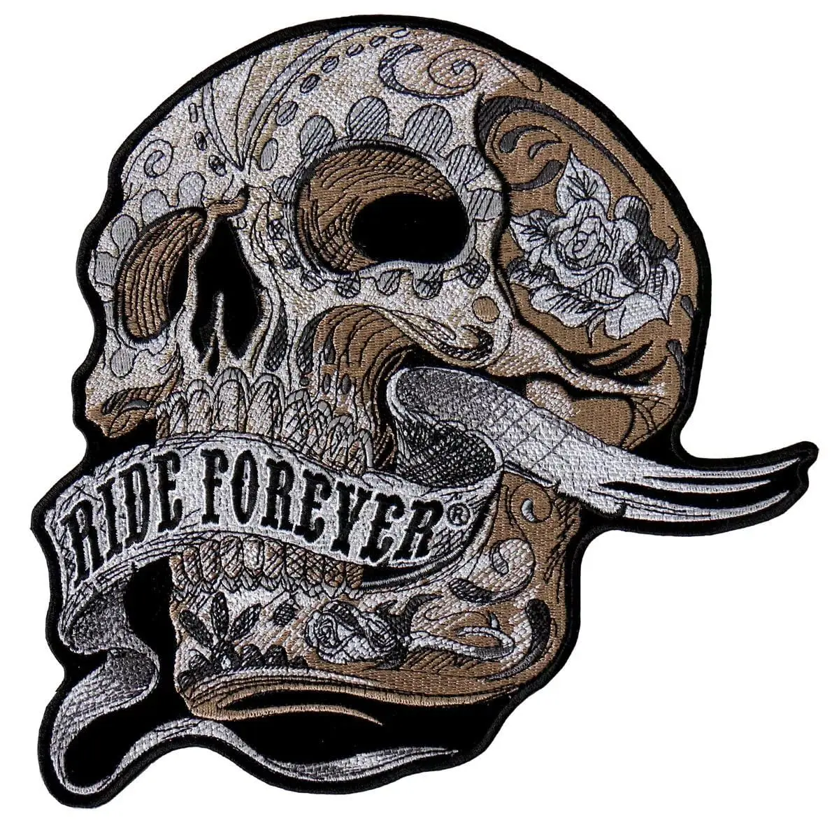 Ride Forever Patch Banner Skull 9x7 Large Iron on Sew on Tan Patch for Bikers Vests and Jackets