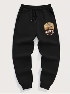 Men's Drawstring Waist Joggers, Casual Fitted Sportswear with Western Cowboy Print, Comfortable Thicken Fabric for Fall & Winter