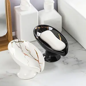 An Elegant Ceramic Soap Dish with a Marble Pattern, Featuring a Self-Draining Design - Leaf-Shaped, Easy to Clean, Keeps Soap Dry And Stylish, Perfect for Bathroom Decor (Available for All Four Seasons)