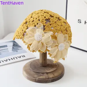 2026 Baotou Hat Spring and Summer Flower Hoodie Handmade Hook Flower Hollow Knitted Korean Edition Personalized Hat for Girls