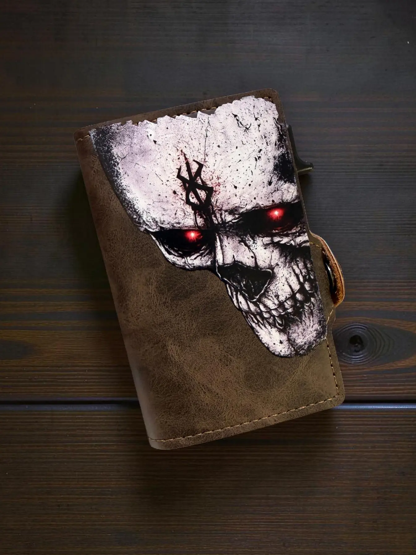 Anime Inspired Berserker Skull PU Leather Wallet with RFID Blocking Design & Lever Actuated Popup Credit Card Slots Horror Fan Gift