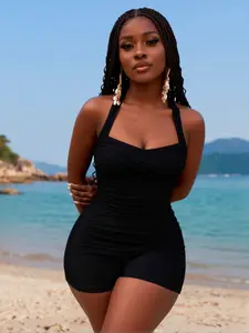 Black Ruched Swim Romper Boyleg One Piece Swimsuit Tummy Control Halter Neck Bathing Suit Modest Anti Chafe Mom Friendly Resort Wear tiktokshopspringglowup