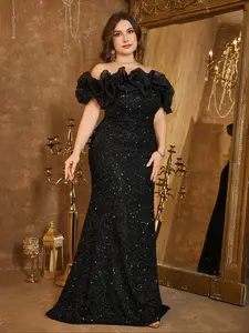 Elegant Off-Shoulder Mesh Patchwork Sequins Backless Bodycon Party Dress, Slim Fit Evening Gown with Waist Tie Belt