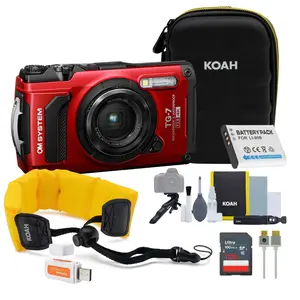 OM SYSTEM Tough TG-7 Digital Camera (Red) Bundle with 128GB Card, HDMI Cable & Accessories