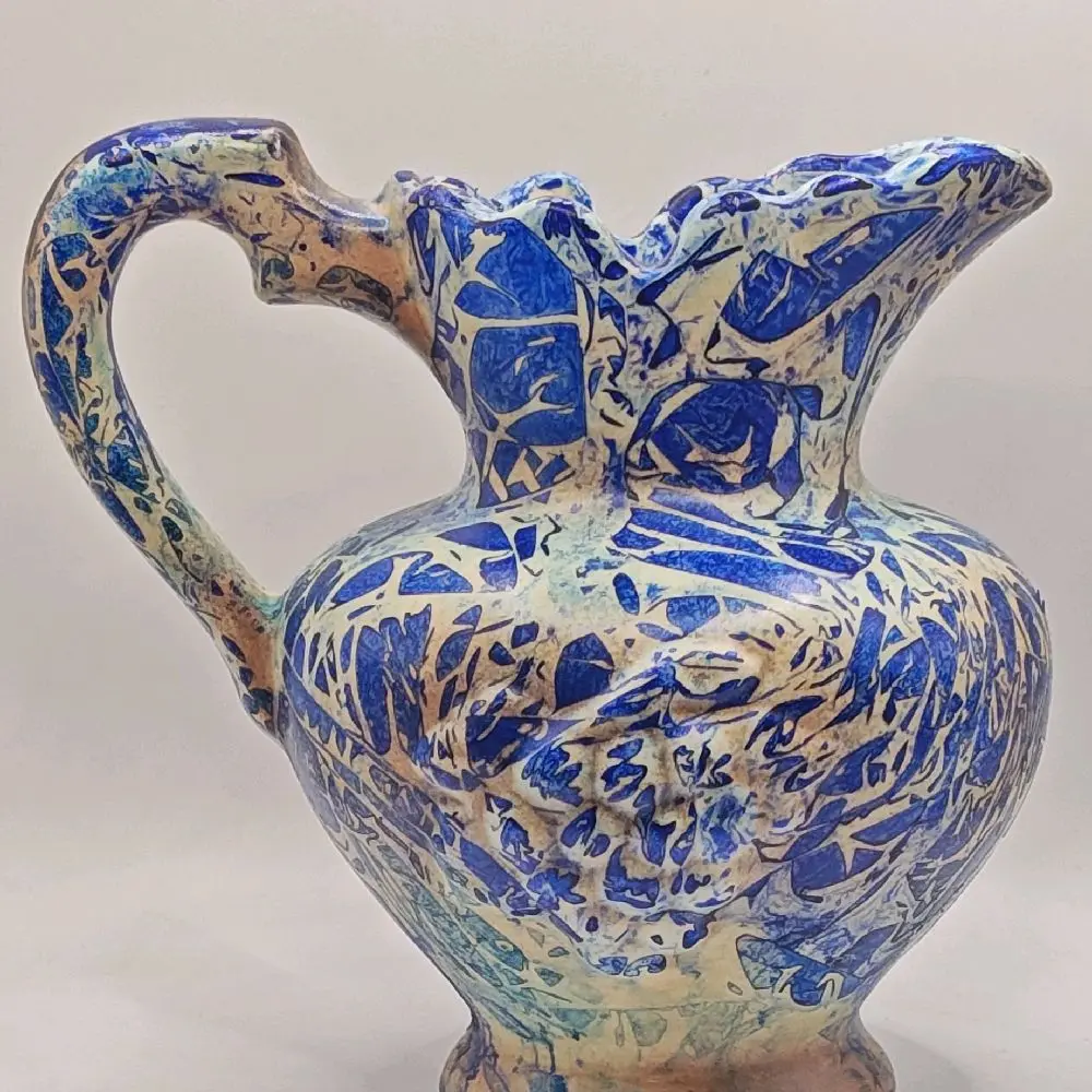 Upcycled Ceramic Pitcher Hand Painted Blue & Cream Abstract Art Vase Unique Design Decorative Piece